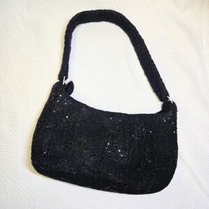 Felted Wool Handbag Purse Black  Sequin Accent Zip Close Nepal Evening Cocktail